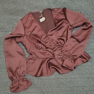 Express Satin Plum Button-Front Peplum Blouse